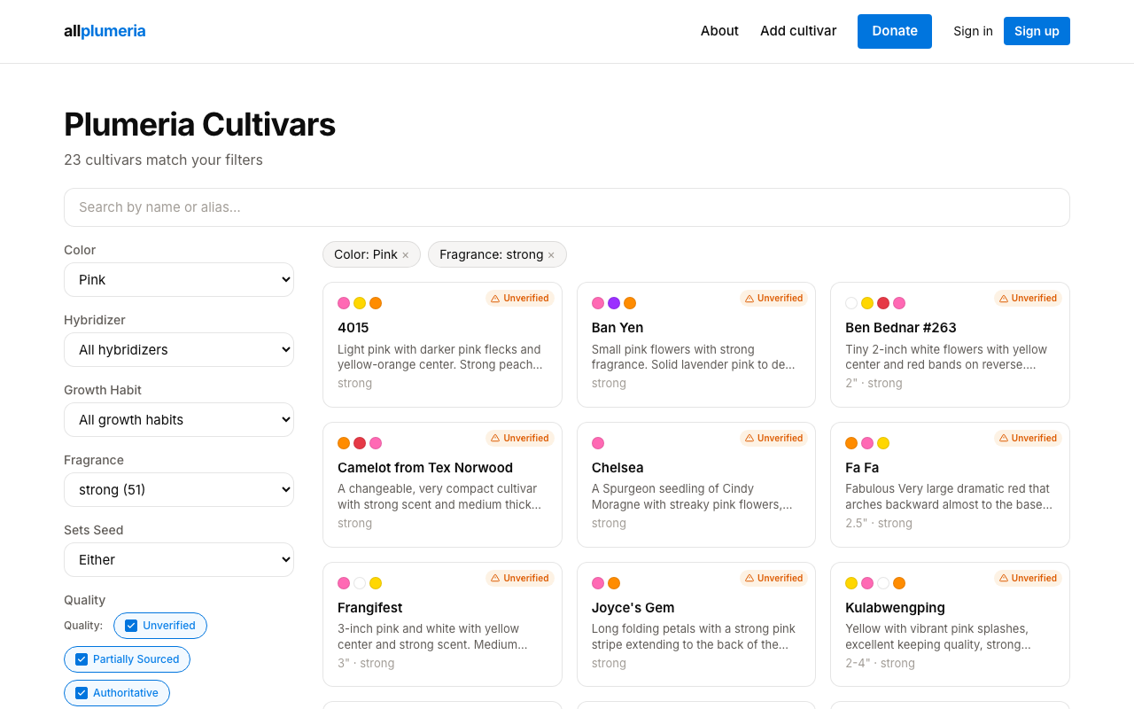 Cultivars catalog with several active filter chips
