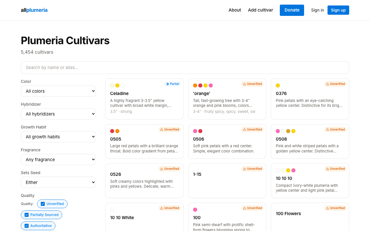 Cultivars catalog page with sidebar filters and grid of cards