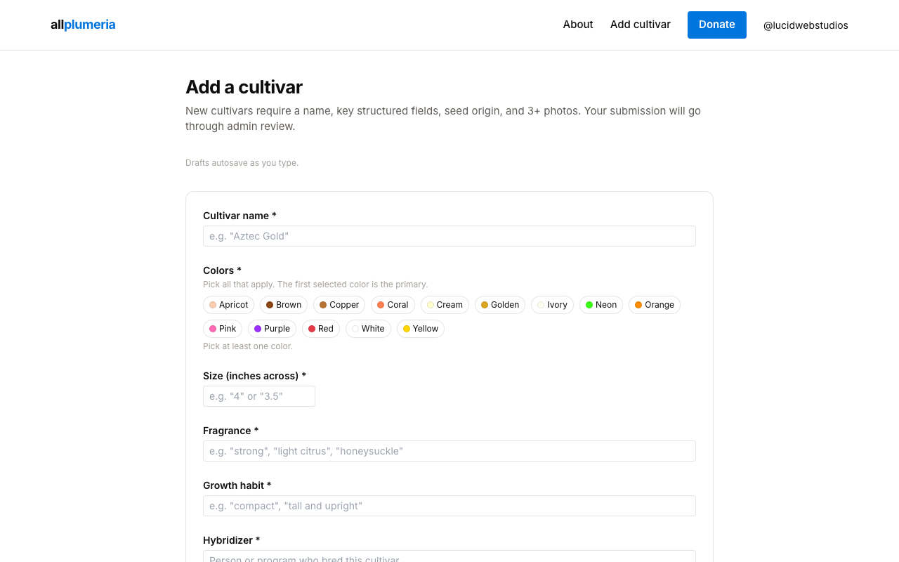 New cultivar form with name, description, structured fields, and reference list