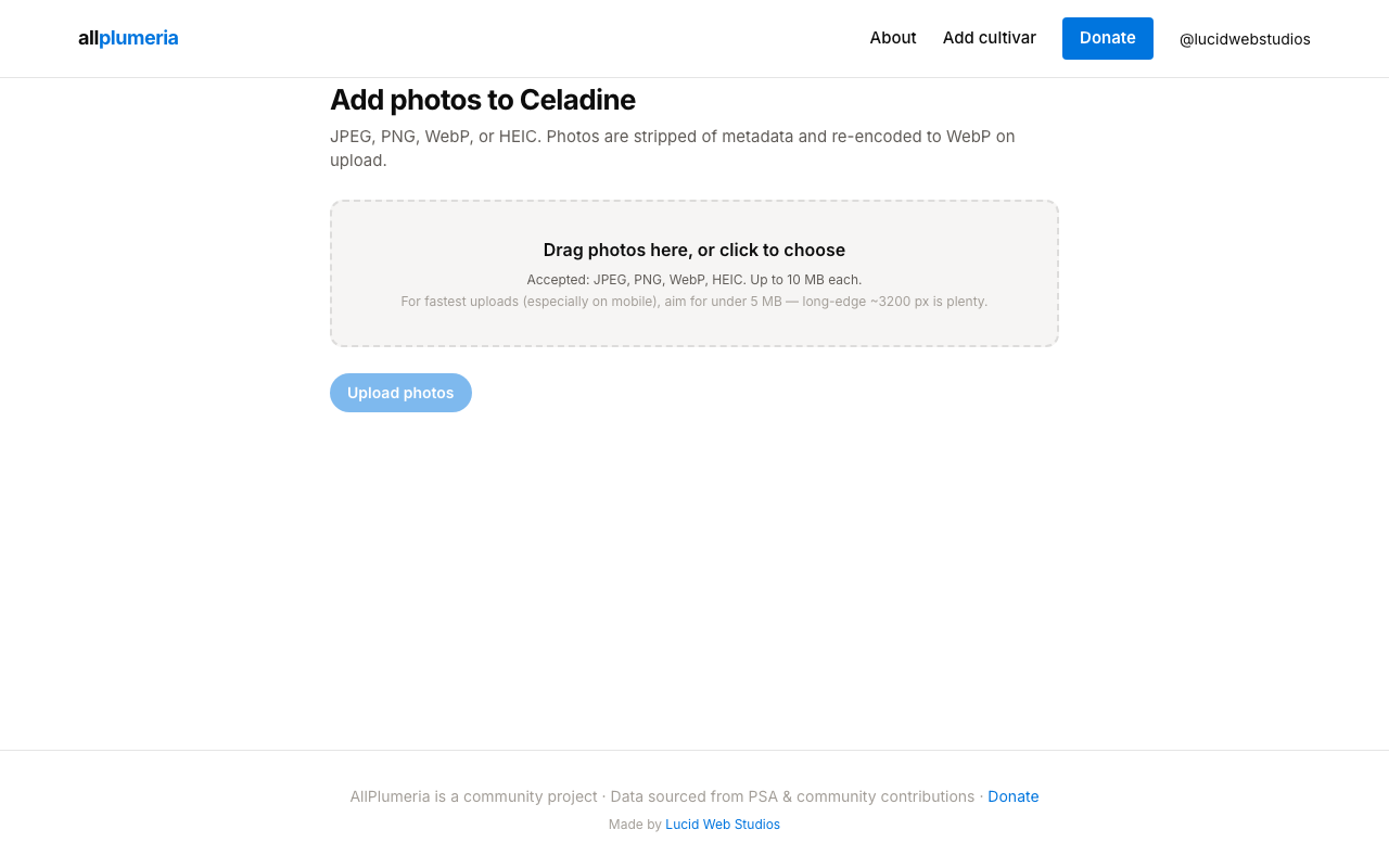 Photo upload form with section selector, file picker, alt text, caption, location