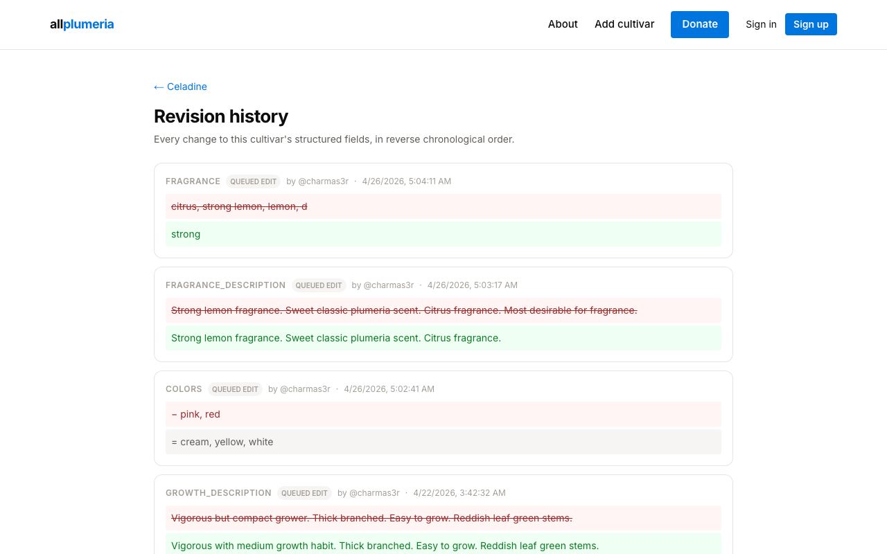 Revision history page with a list of dated edits and diff previews